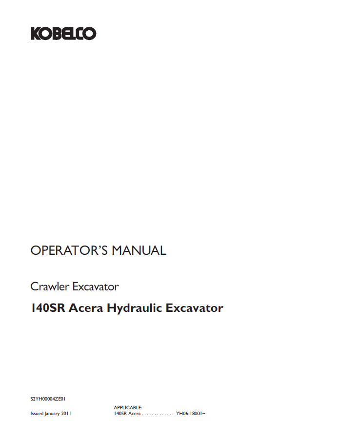 Kobelco Machine Crawler/Hydraulic Excavator 140SR Acera Operator Manual PDF