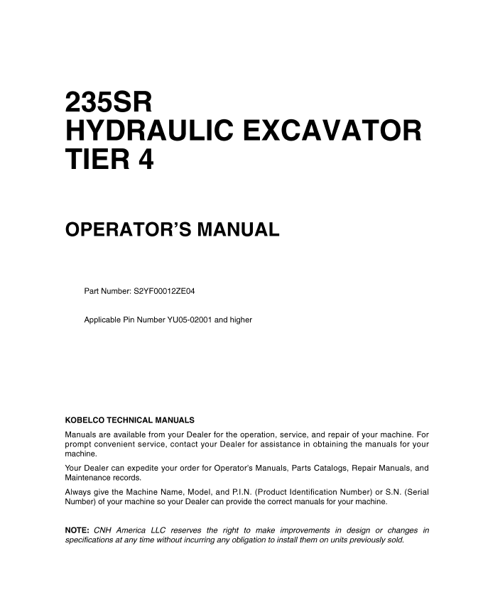 Kobelco Machine Hydraulic Excavator 235SR Tier 4 Operator Manual PDF