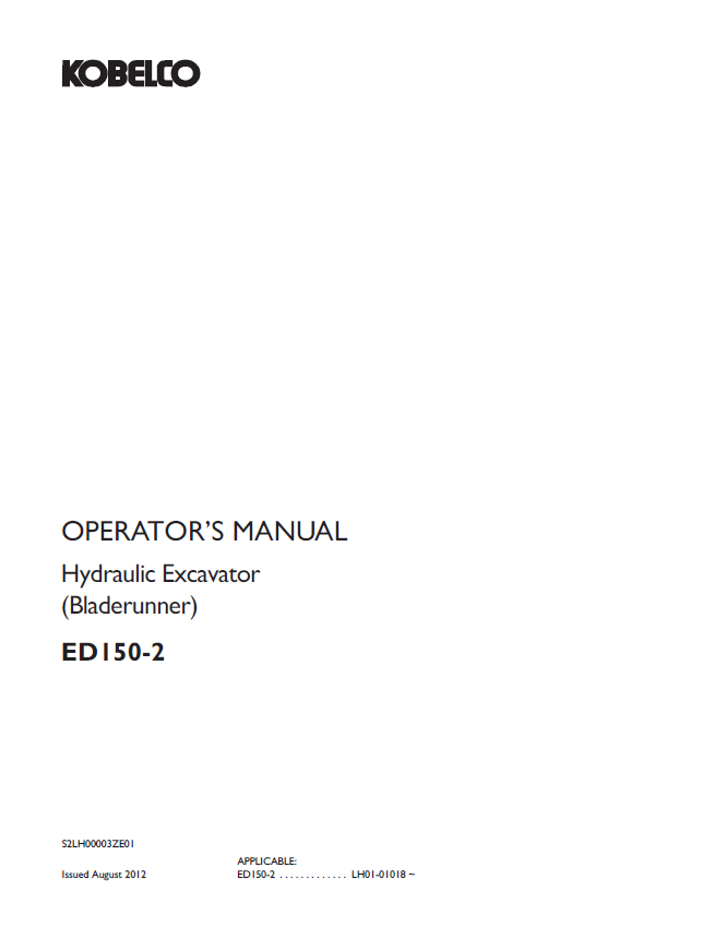 Kobelco Machine Hydraulic Excavator (Bladerunner) Ed150-2 Operator Manual PDF