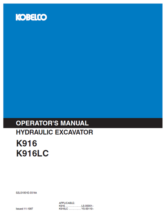 Kobelco Machine Hydraulic Excavator K916 K916LC Operator Manual PDF
