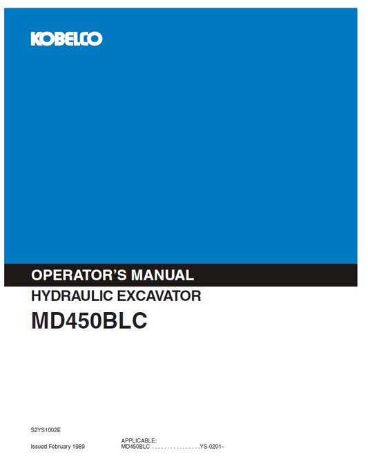 Kobelco Machine Hydraulic Excavator MD450BLC Operator Manual PDF