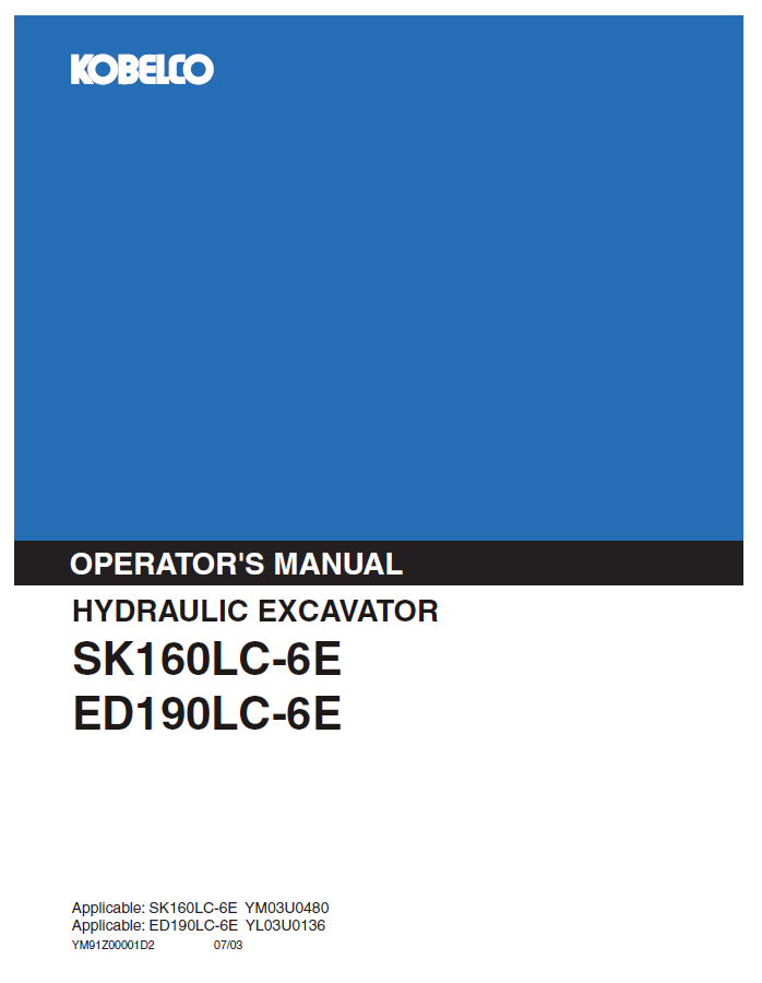 Kobelco Machine Hydraulic Excavator SK160LC-6E ED190LC-6E Operator Manual PDF