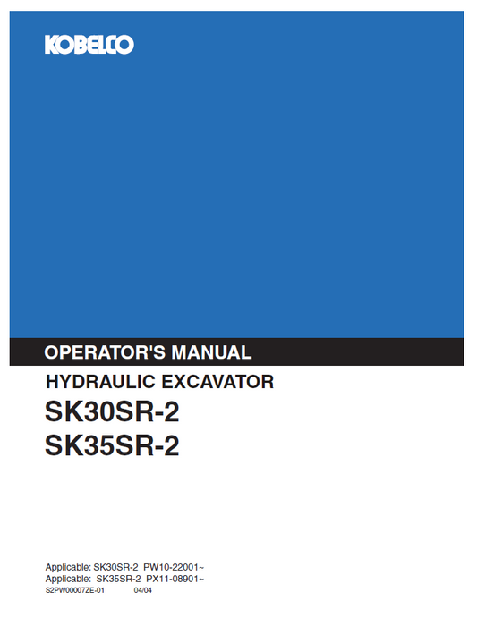 Kobelco Machine Hydraulic Excavator SK30SR-2,SK35SR-2 Tier 4 Operator Manual PDF