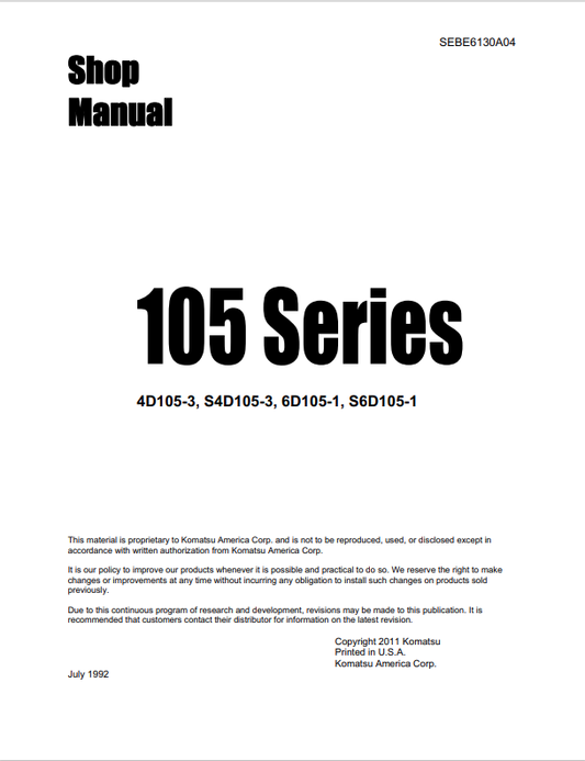 Komatsu 105 Series (4D105-3, S4D105-3, 6D105-1, S6D105-1) Shop Manual SEBE6130A04 - PDF File