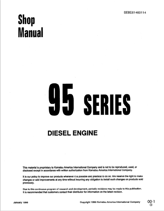 Komatsu 3D95S-W-1, 4D95S-W-1, 4D95S-1, 4D95L-1, 4D95L-W-1, S4D95L-1, 6D95L-1, S6D95L-1, SA6D95L-1, SAA6D95LE-1, 95 Series Diesel Engine Shop Manual SEBE61460114 - PDF File