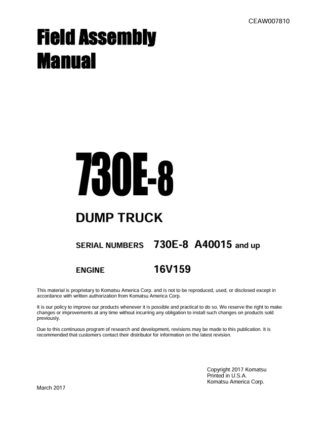 Komatsu 730E-8 Dump Truck Field Assembly Manual CEAW007810