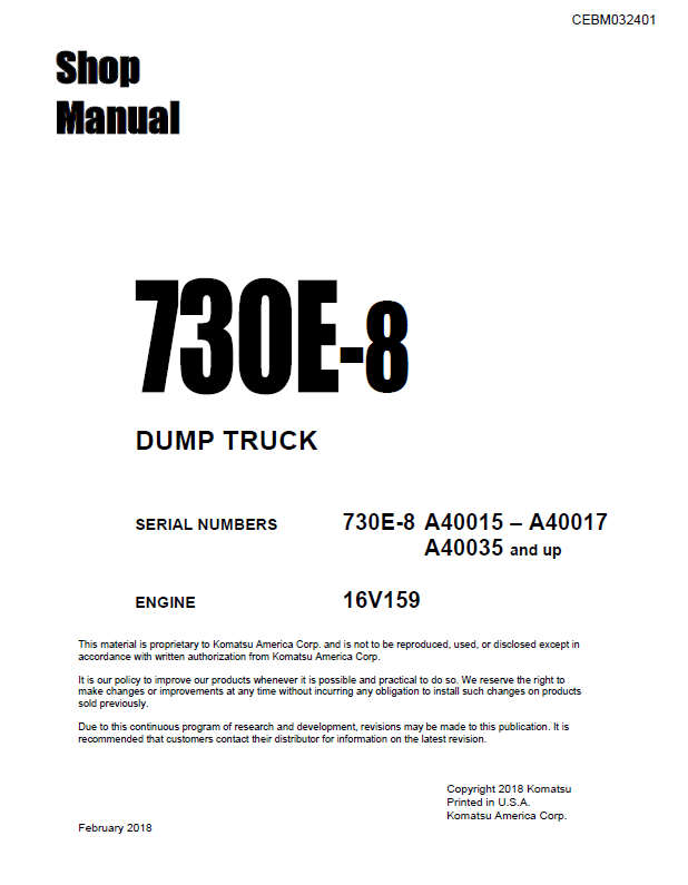 Komatsu 730E-8 Mining Dump Truck Shop Manual CEBM032401