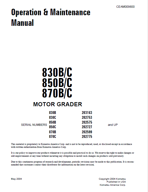 Komatsu 830B/C 850B/C 870B/C Motor Grader Operation and Maintenance Manual CEAD009800