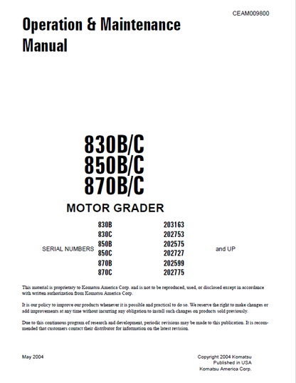 Komatsu 830B/C 850B/C 870B/C Motor Grader Operation and Maintenance Manual CEAD009800
