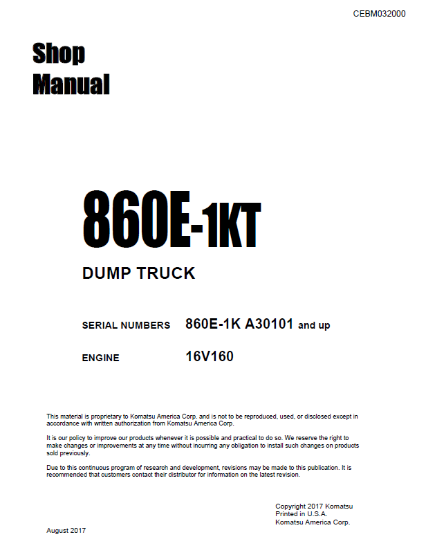 Komatsu 860E-1KT Mining Dump Truck Shop Manual CEBM032000