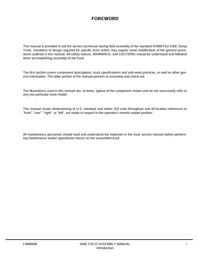 Komatsu 930E-2 Field Assembly Instructions Manual | CEAW003300