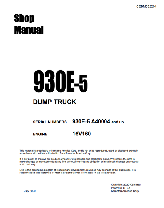 Komatsu 930E-5 Dump Truck Shop Repair Manual CEBM032204 (USA_A40004 Up) - PDF File