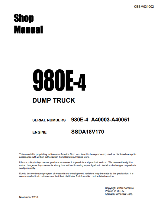Komatsu 980E-4 Dump Truck Shop Manual CEBM031002 SN A40003-A40051 - PDF File