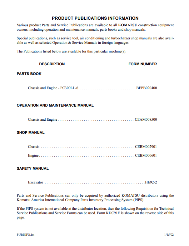 Komatsu Avance PC300LL-6 Logging Machine Workshop Manual Download