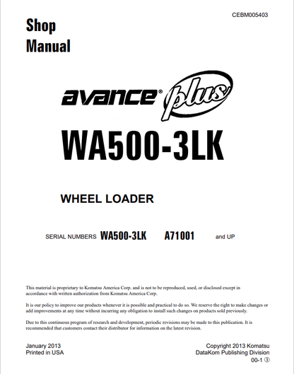 Komatsu Avance Plus WA500-3LK Wheel Loader Shop Manual CEBM005403