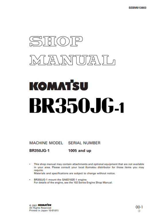 Komatsu BR350JG-1 Crusher Shop Manual S/N 1005-UP - PDF File