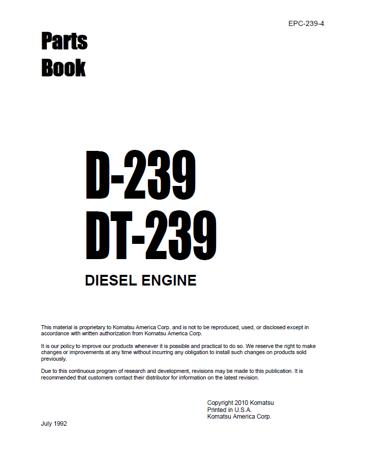 Komatsu D-239 & DT-239 Diesel Engine Parts Catalog Book EPC-239-4