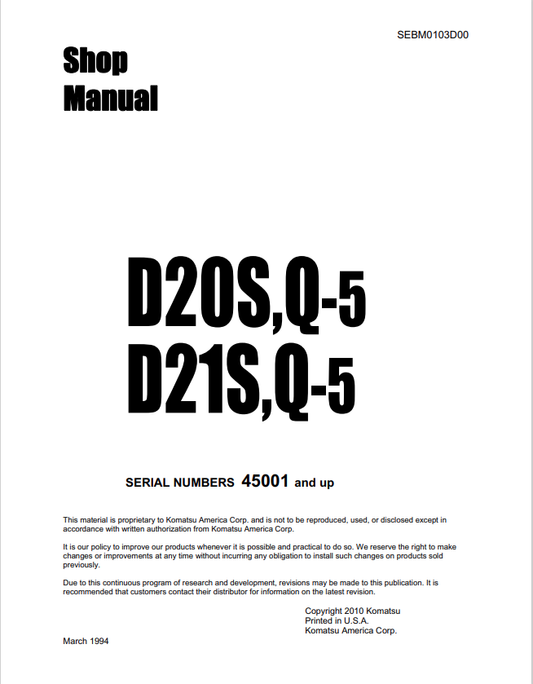 Komatsu D20S-5, D20Q-5, D21S-5, D21Q-5 Dozer Bulldozer Shop Manual SN 45001 and up - PDF File