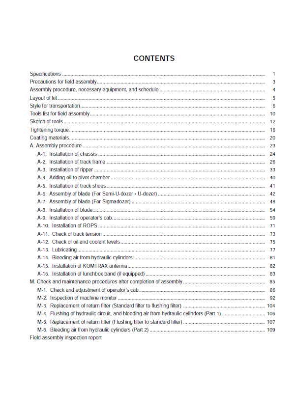 Komatsu D275AX-5E0 Technical Field Assembly and Equipment Setup Manual