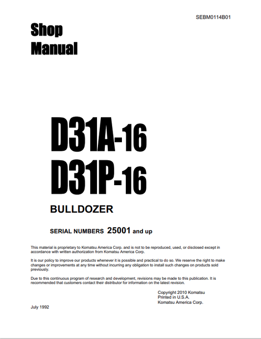 Komatsu D31A-16 Crawler Dozer Shop Manual S/N 25001-UP - PDF File