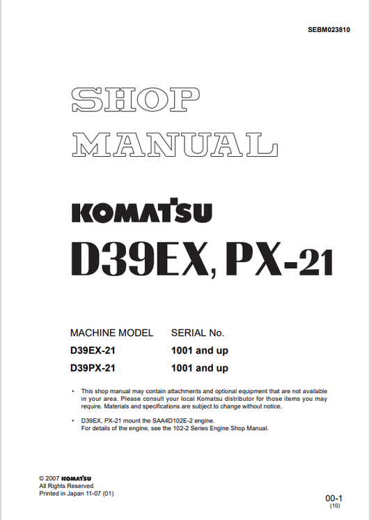 Komatsu D31EX-21, D31PX-21, D37EX-21, D37PX-21, D39EX-21, D39PX-21 Shop Manual SEBM023810- PDF File