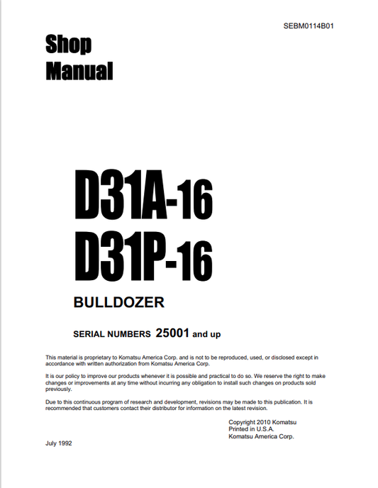 Komatsu D31P-16 Straight Tilt Dozer Shop Manual S/N 25001-UP - PDF File