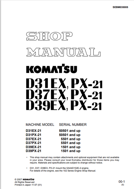 Komatsu D31PX-21A Bull Dozer Shop Manual S/N 50501-UP - PDF File