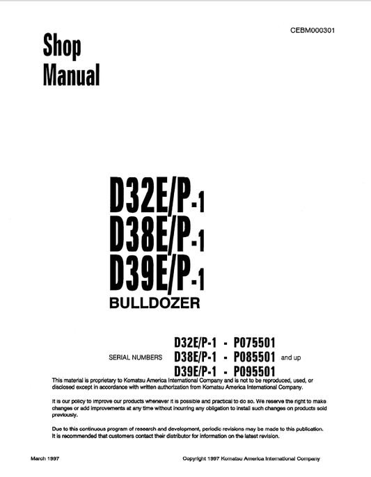 Komatsu D32E-1, D32P-1, D38E-1, D38P-1, D39E-1, D39P-1 Crawler Dozer Shop Manual S/N P075718-P076092 - PDF File