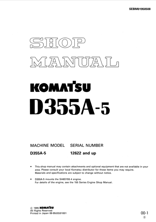 Komatsu D355A-5 Crawler Dozer Shop Manual S/N 12622-UP - PDF File