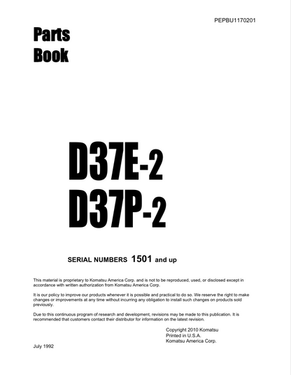 Komatsu D37E-2, D37P-2 Parts Book PEPBU1170201 – Parts Catalog