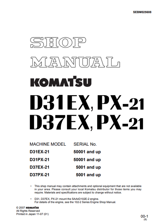 Komatsu D37PX-21 Crawler Dozer Shop Manual S/N 5001-5499 - PDF File