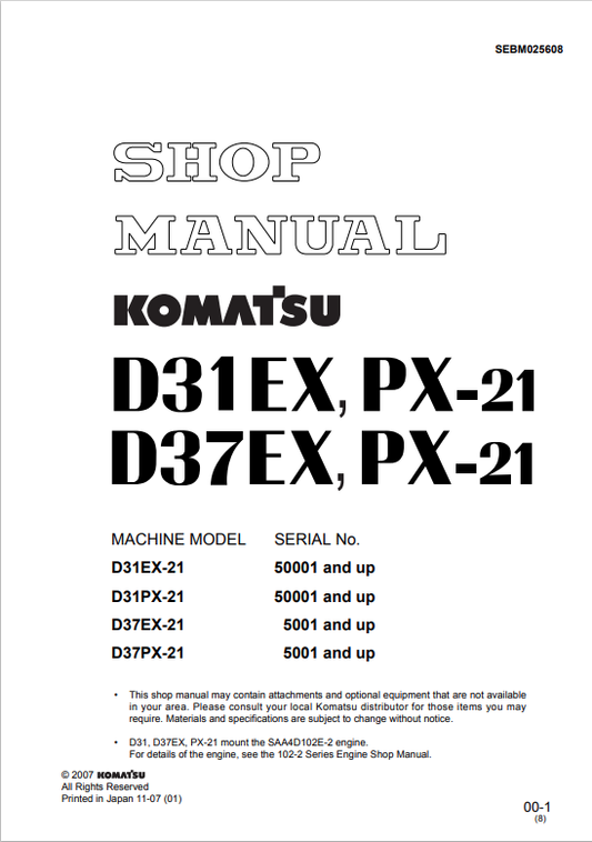 Komatsu D37PX-21 Crawler Dozer Shop Manual S/N 5001-Up - PDF File
