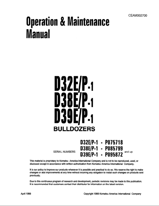 Komatsu D38E-1/P-1 Crawler Dozer Operation And Maintenance Manual S/N P085799-P086238 - PDF File