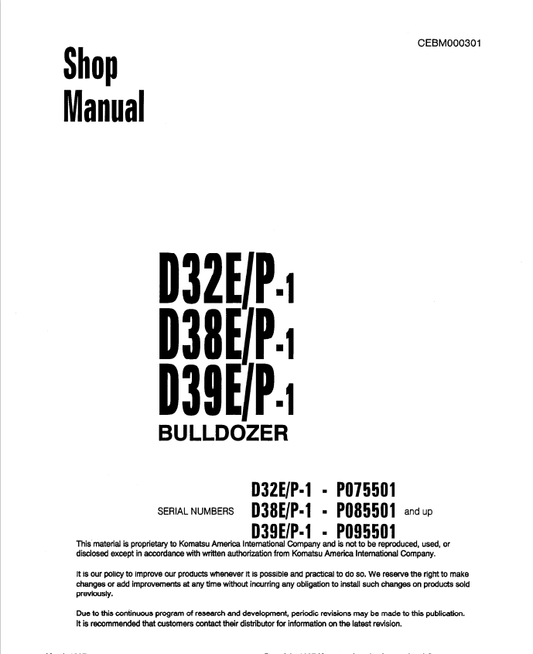 Komatsu D38E-1/P-1 Crawler Dozer Shop Manual S/N P085501-P085798 - PDF File
