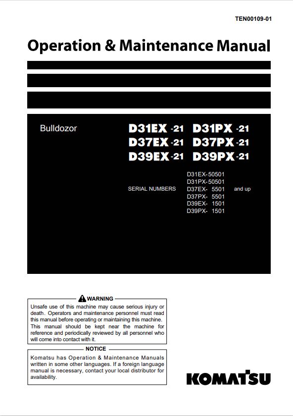 Komatsu D39EX-21A Crawler Dozer Operation And Maintenance Manual S/N 1501-UP - PDF File