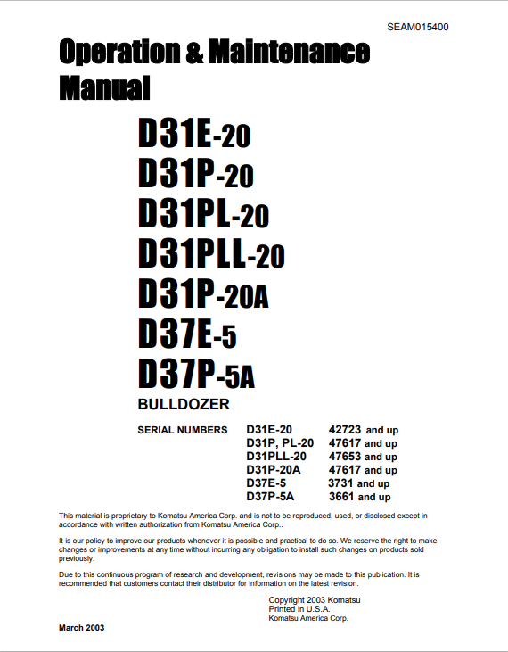 Komatsu D3E, P, PL, PLL-20, D31P-20A, D37E-5, D37P-5A, D31A-17 Dozer Operator Manual - PDF File