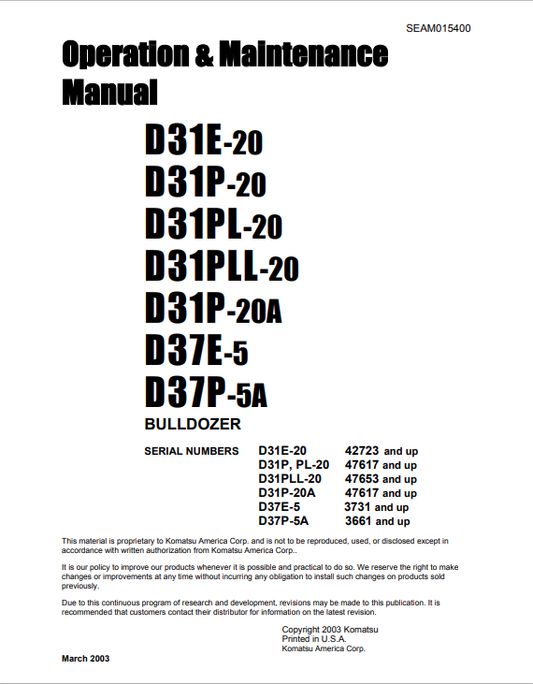 Komatsu D3E, P, PL, PLL-20, D31P-20A, D37E-5, D37P-5A, D31A-17 Dozer Operator Manual - PDF File