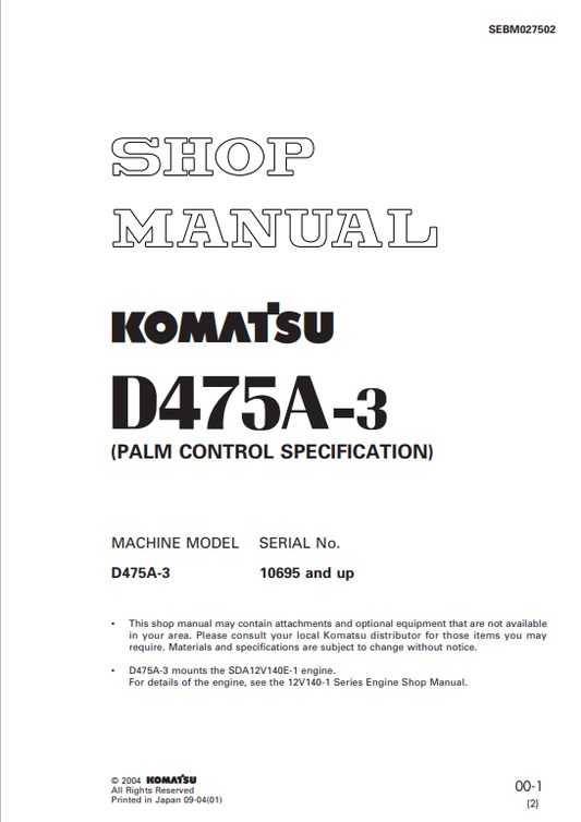 Komatsu D475A-3 Bulldozer Sn 10695-Up (Palm Control Specification)Parts Catalogue Manual - PDF File