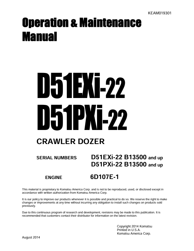 Komatsu D51EXI-22 D51PXI-22 Crawler Dozer Operation & Maintenance Manual KEAM019301