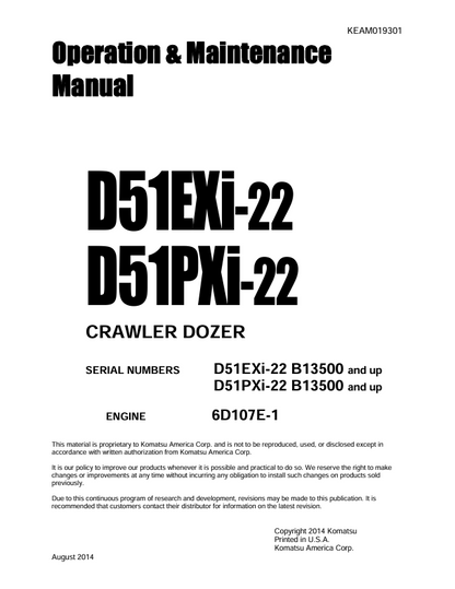 Komatsu D51EXI-22 D51PXI-22 Crawler Dozer Operation & Maintenance Manual KEAM019301