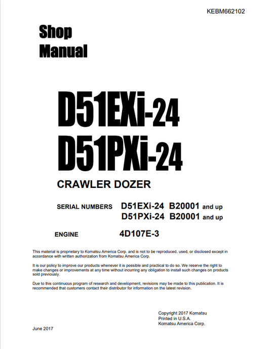 Komatsu D51EXI-24, D51PXI-24 B20001 And Up Crawler Dozer Shop Manual KEBM662102 - PDF File