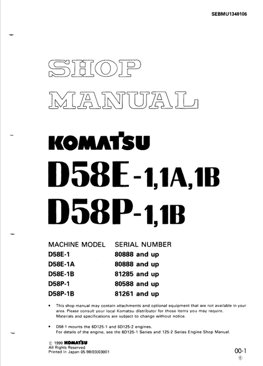 Komatsu D58E-1, D58E-1A, D58E-1B, D58P-1, D58P-1B Shop Manual SEBMU1340106 - PDF File