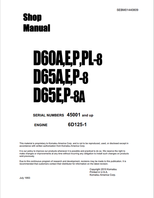 Komatsu D60A-8, D60E-8, D60P-8, D60PL-8, D65A-8, D65E-8, D65P-8, D65E-8A, D65P-8A Shop Manual SEBM01440809 - PDF File