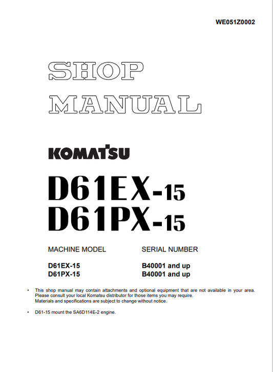 Komatsu D61PX-15 Bulldozer Shop Manual S/N B40001-UP - PDF File