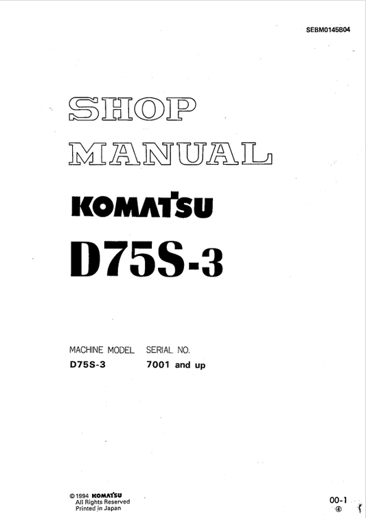 Komatsu D75S-3 Crawler Loaders Parts Catalogue Manual S/N 7001-UP - PDF File