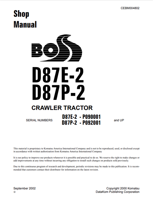 Komatsu D87E-2 Bulldozer Shop Service Repair Manual S/N P090001-UP - PDF File