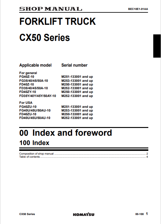Komatsu Forklift Truck CX50 Series Shop Manual SN BEC10E1-01AA - PDF File