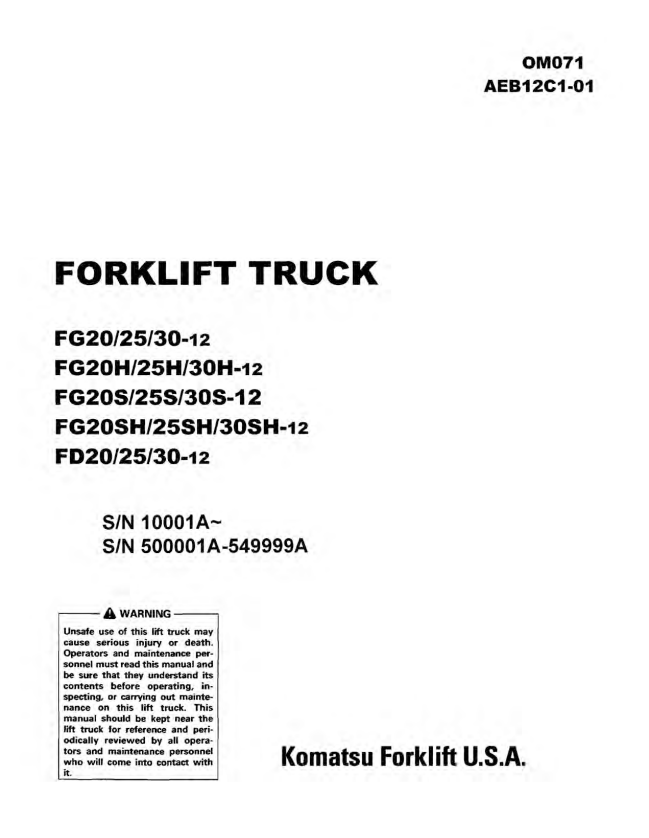 Komatsu Forklift Truck FG30HT-12 Operation And Maintenance Manual OM071 - PDF File