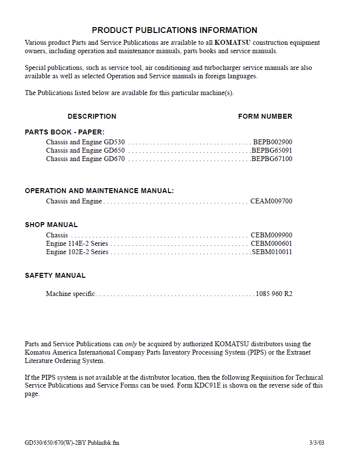 Komatsu GD530AW GD650AW GD670AW Motor Grader Maintenance Manual CEAD009700