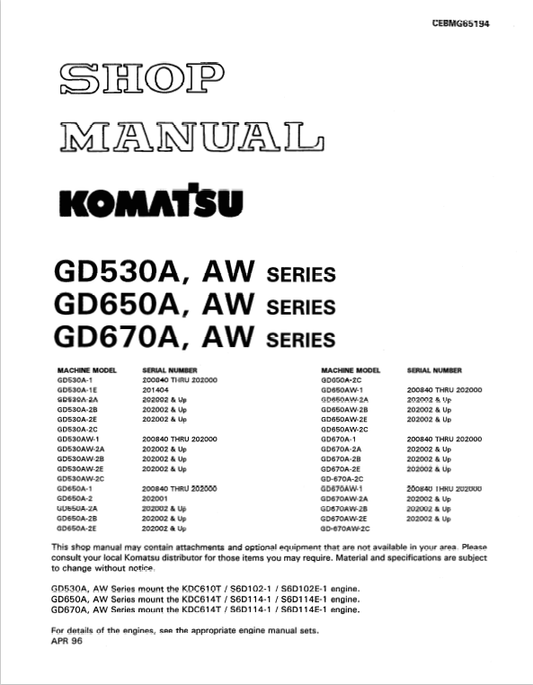 Komatsu GD650A-2CY Motor Graders Parts Catalogue Manual S/N 211061-211069 - PDF File